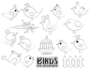 Cute birds set of icons and objects. Hand drawn doodle cartoon style spring and summer tropical design concept. Black and white outline coloring page kids game. Monochrome doodle line art.