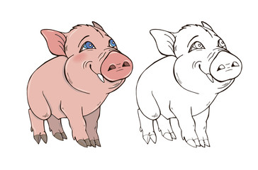 Cute pig in color and black and white, coloring page, vector illustration