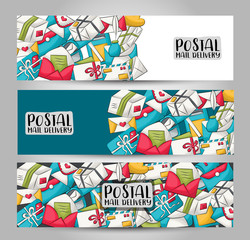 Postal service horizontal banner set. Cute header for invitation, advertisement, web page. Hand drawn  doodle cartoon style mail and package delivery courier design concept. Vector illustration.