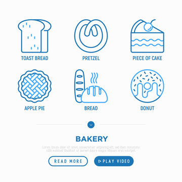 Bakery thin line icons set: toast bread, donut, pretzel, apple pie. Modern vector illustration, print media template.
