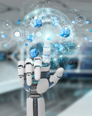 White robot hand using digital screen interface 3D rendering