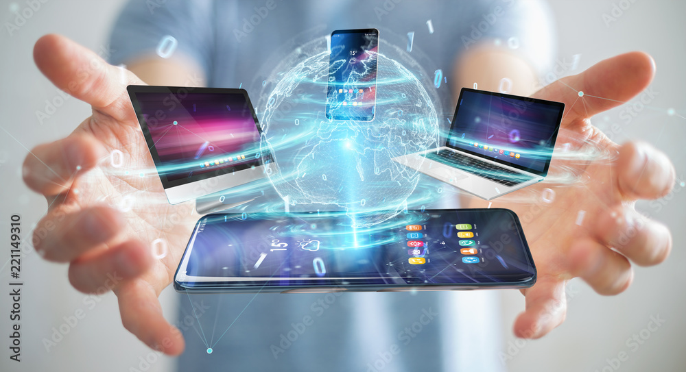 Aufkleber modern devices connected in businessman hand 3d rendering