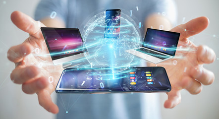 Modern devices connected in businessman hand 3D rendering - obrazy, fototapety, plakaty