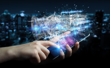 Businessman using wireframe holographic 3D digital projection of an engine