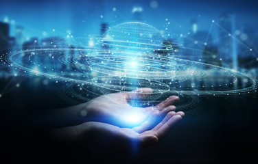 Businesswoman using digital sphere connection hologram 3D rendering