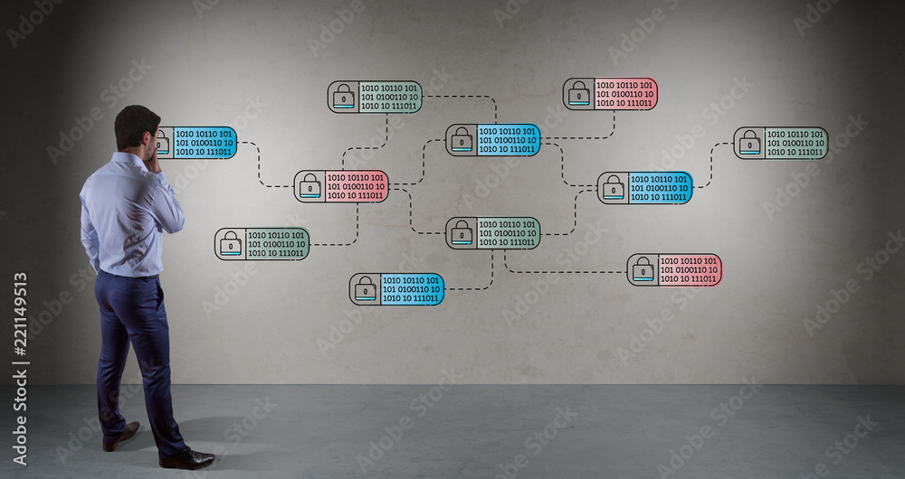 Poster businessman watching thin line web security interface
