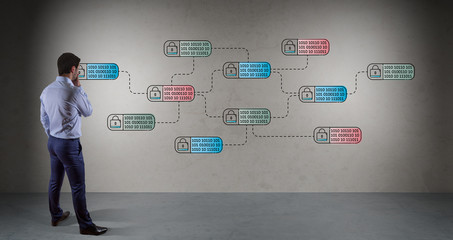 Businessman watching thin line web security interface