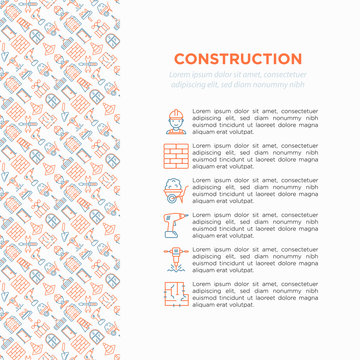 Construction concept with thin line icons: builder in helmet, work tools, brickwork, floor plan, plumbing, drill, trowel, traffic cone, stepladder, jackhammer, wheelbarrow. Modern vector illustration.