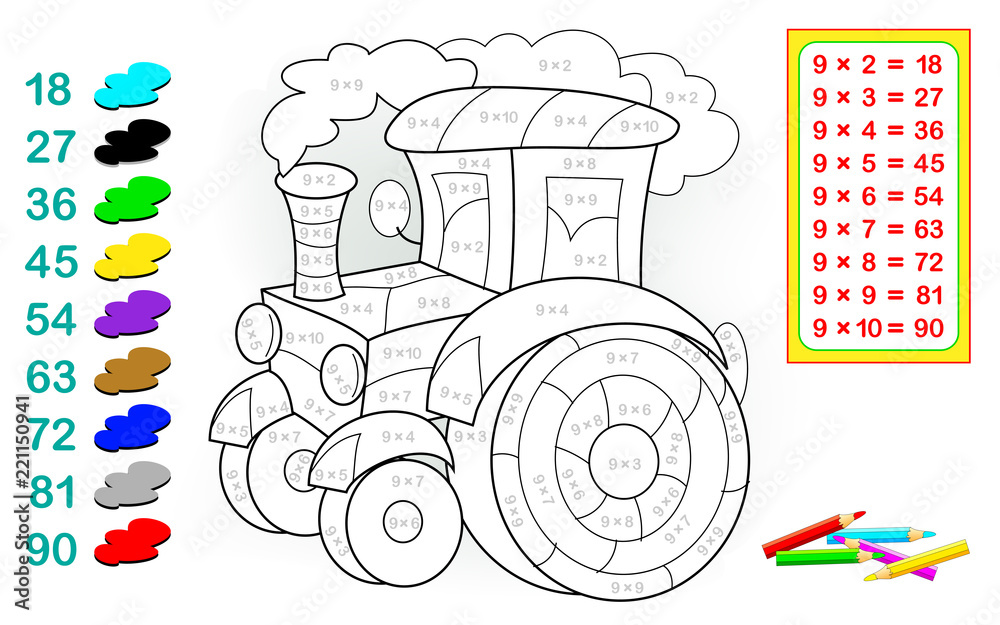 Wall mural worksheet with exercises for children with multiplication by nine. need to solve examples and paint 