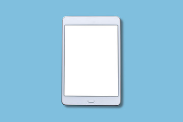 A white tablet with a blank screen on a blue background.