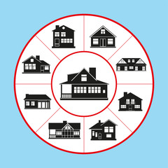 A set of vector icons in the form of a rug diagram on the topic of private houses. Vector illustration.