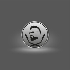 Logo of a male hairdresser with a picture of a man with a beard and two hairdressing razors. Vector illustration.