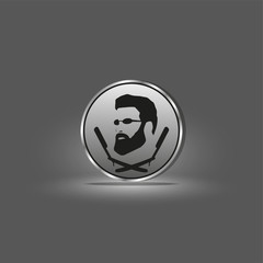 Logo of a male hairdresser with a picture of a man with a beard and two hairdressing razors. Vector illustration.