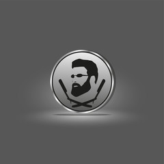 Logo of a male hairdresser with a picture of a man with a beard and two hairdressing razors. Vector illustration.
