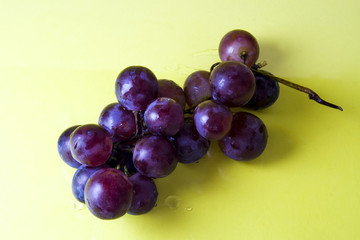 Blue grapes isolated over yellow background with water drops