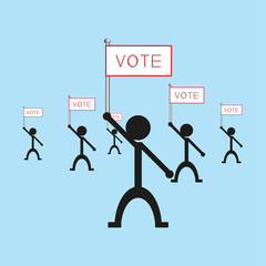 A group of people holding a poster with the word "vote". Vector illustration.