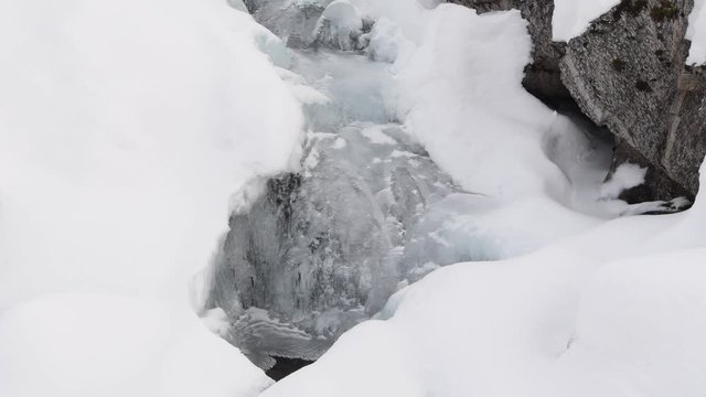 Water flowing under an ice sheet in a frozen creek