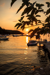Marina with docked boats at the sunset