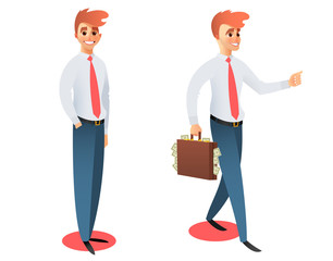 Vector set of business character. Businessman standing and smiling. Businessman walking and holding briefcase with cash.
