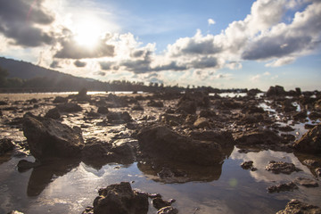 Atmosphere on the beach with rock scattered