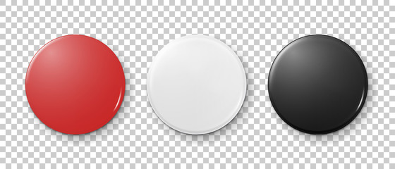 Realistic 3d empty graphic red, white and black button badge icon set isolated on transparency grid background. Front and top view. Design template for branding, advertise etc. Vector mockup