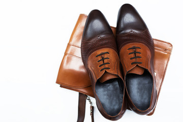 Men's fashion with brown leather shoes and business bag