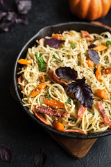 Autumn pasta with pumpkin and bacon