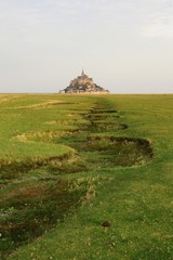 France, Le Mont-Saint-Michel, grass, monastery, landscape, field, meadow, green, summer, countryside, hollow, ravine, narrow gully, shallow gully, coomb, comb