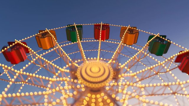 Fun Ferris wheel amusement ride, loopable carousel attraction. Carnival dusk. 4K