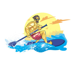 cartoon style boy on the supsurf paddle