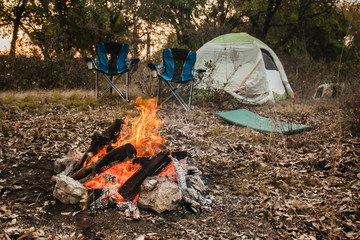 Campfire and camping in a forest