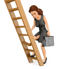 3D Business woman climbing up a broken ladder
