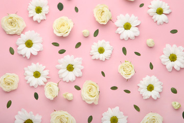 Chrysanthemum and rose flowers with green leafs on pink background