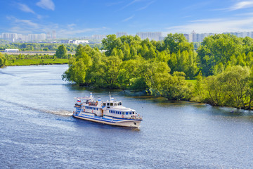 Aerial view on a cruise ship floating on the river