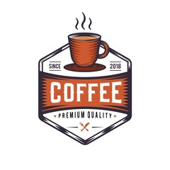 Hot Coffee and Croissant retro illustration, Vintage Logo for a coffee shop with coffee beans next to it. Morning breakfast drawing.