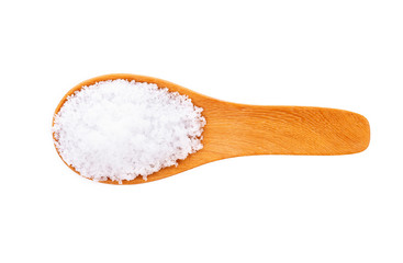 Fototapeta na wymiar Sea salt in wooden spoon on white background