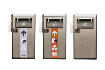 A set of modern smart garbage bins for waste collection for their further disposal. Isolated on white background. New technologies for garbage collection.