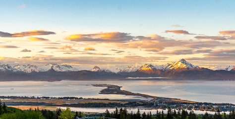 Homer Spit and Kachemak Bay as viewed from the top of Saddle Mountain. Kachemak Bay State Park, in...