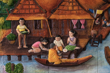 Thai Culture Stone Carving On Temple Wall Background Wall Mural Wallpaper Murals Cat027