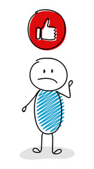 Sad stickman with thumb - like (social media) icon. Vector.