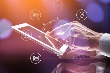 Fototapeta premium Businessman hands holding digital tablet close-up view