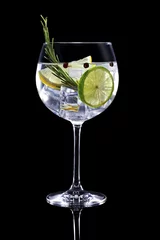 Foto op Plexiglas Gin tonic gegarneerd met citrusvruchten en rozemarijn geïsoleerd op zwarte achtergrond © popout