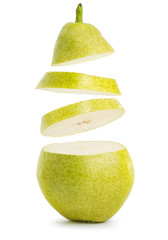 flying slices of pear isolated on white background