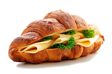 Croissant sandwich with cheese isolated on white background.