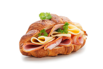 Croissant sandwich with ham and cheese isolated on white background.
