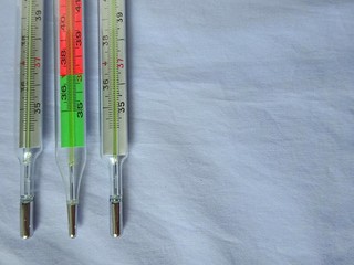 Medicine Medical Health Care Industry Three Thermometers Set Laying On The Clear Soft Light Blue Background With Copy Paste Text Space