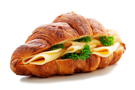 Croissant Sandwich With Cheese Isolated On White Background.