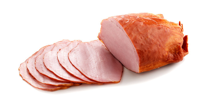 Delicious Smoked Sliced Ham  Isolated On White.