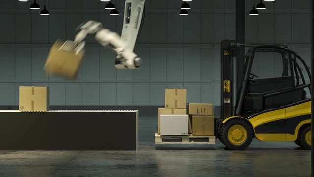 Modern, advanced, robot arm loading and stacking cargo boxes onto a forklift. 4K