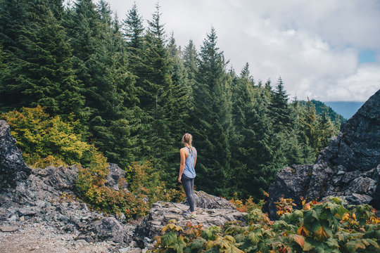 Woman at a Vista in a Pacific Northwest Forest